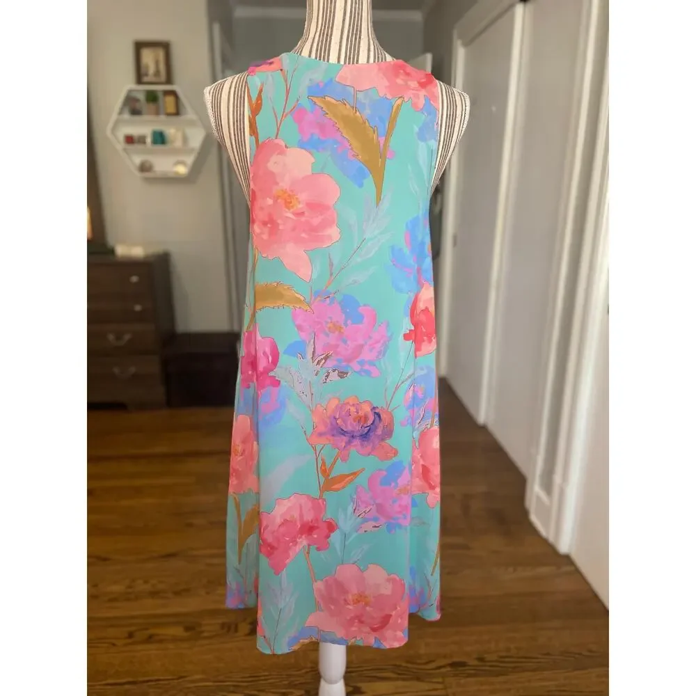 Everly torquoise tropical print sleeveless chiffon overlay dress